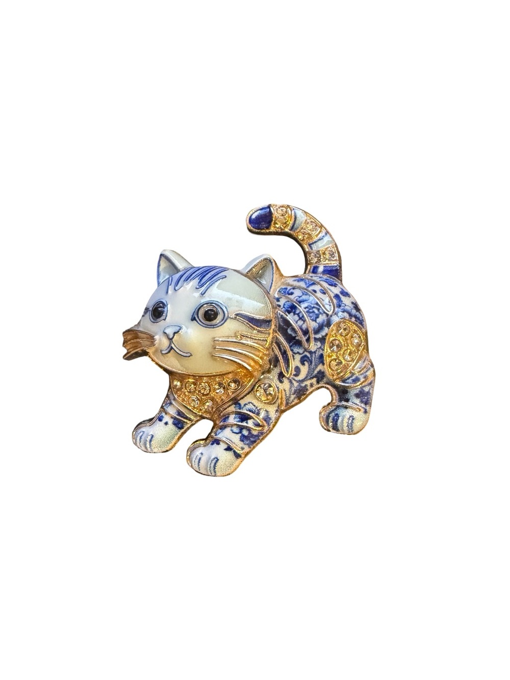 Blue, White and Gold Delaware style Playful Kitty Cat Brooch